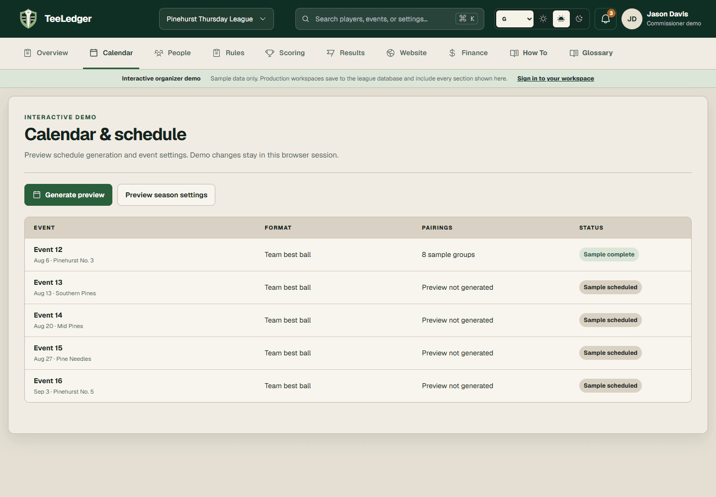 TeeLedger Calendar demo used to prepare the next event