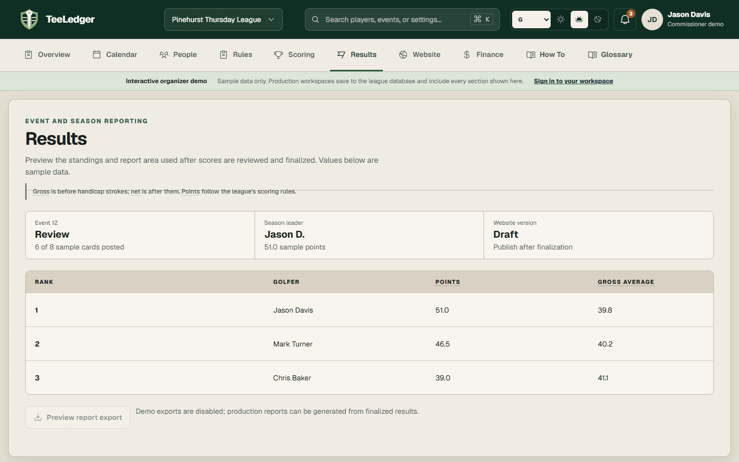 TeeLedger Results demo showing event review and standings