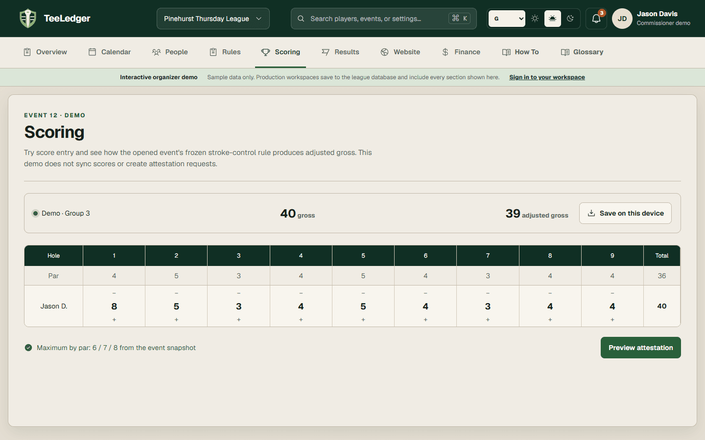TeeLedger Scoring demo showing gross and adjusted gross