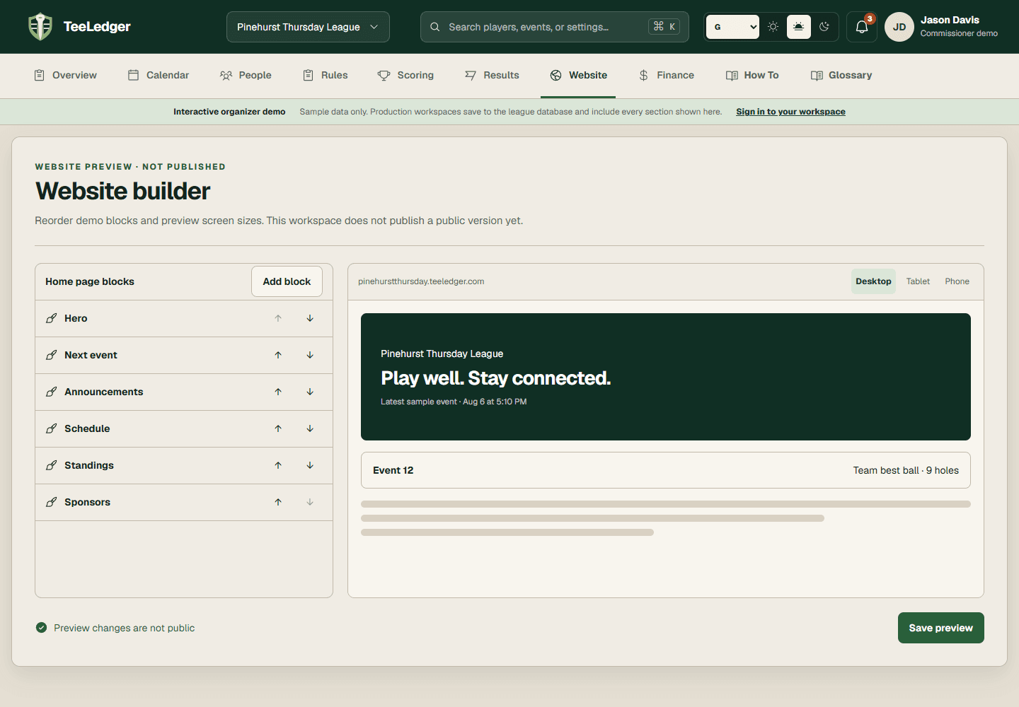 TeeLedger website builder demo with public home page blocks